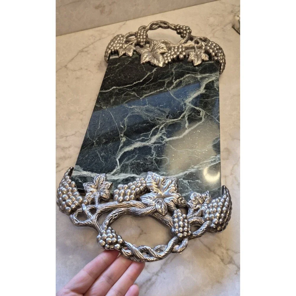 Vintage Godinger Green Marble Serving Tray ornate silver-plated Grape Cluters